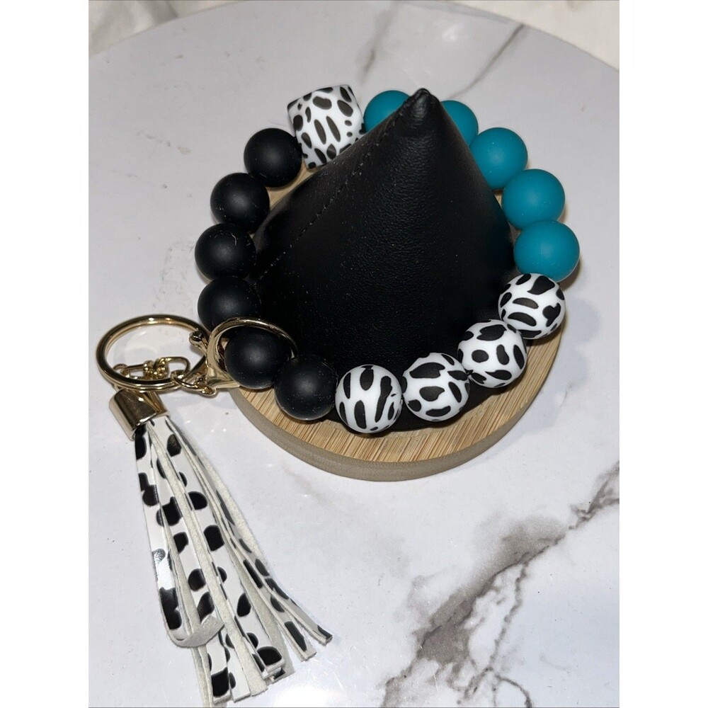 Silicone Beaded Wristlet Keychain Bracelet Tassel Key Ring Holder